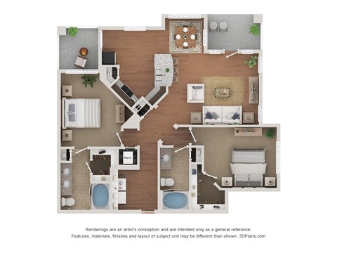 Floor plan for 2 beds, 2 baths, 1193 sqft